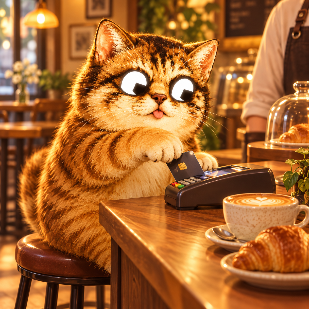 Golden cat paying by card at a cafe